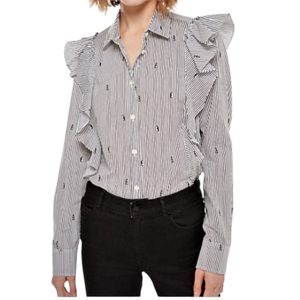 Kate Spade NY Women’s Penquin Ruffles Long Sleeve Blue White Blouse New* medium